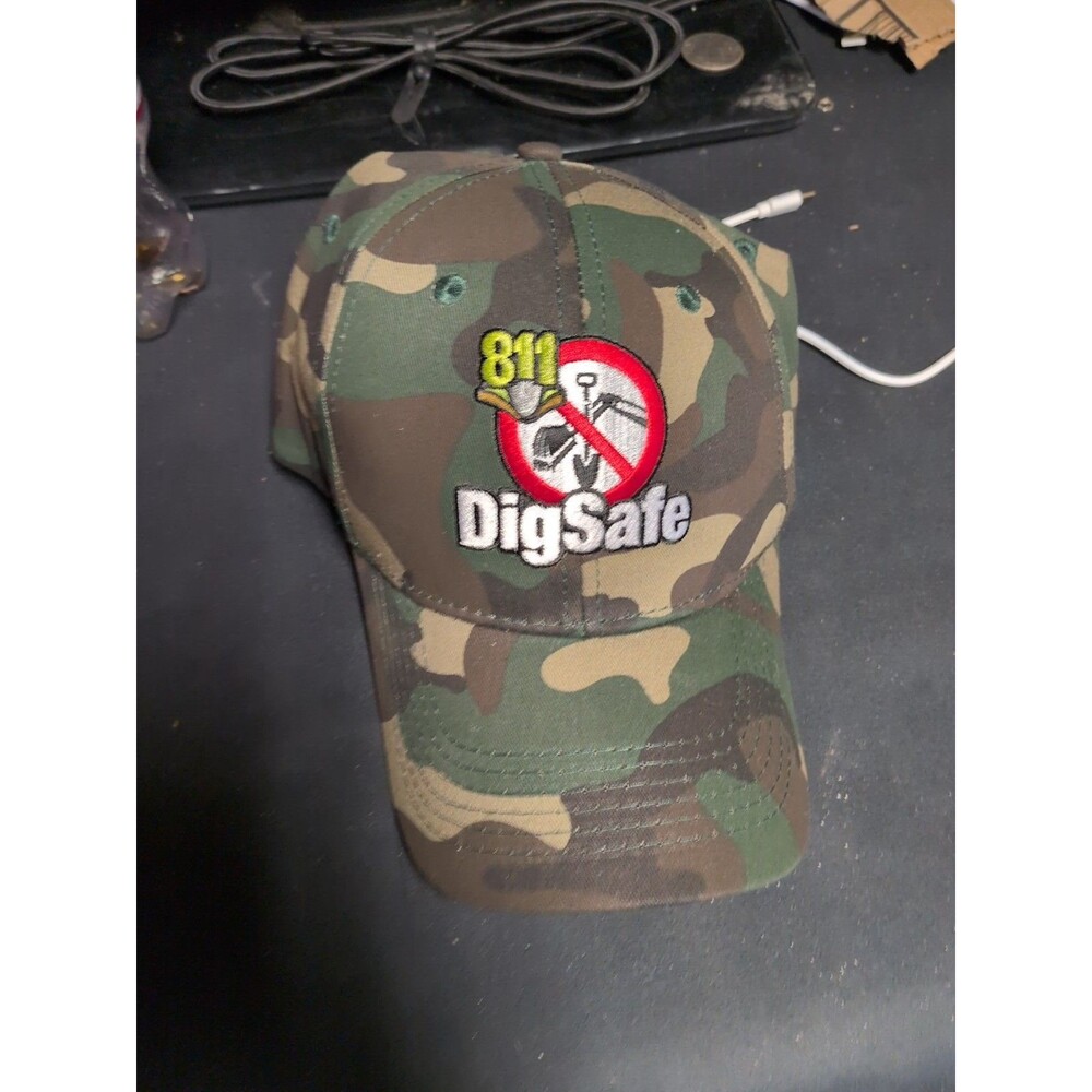 Baseball Cap Green One Size DigSafe 811 Logo Strapback Hat Camo Shovel Safety